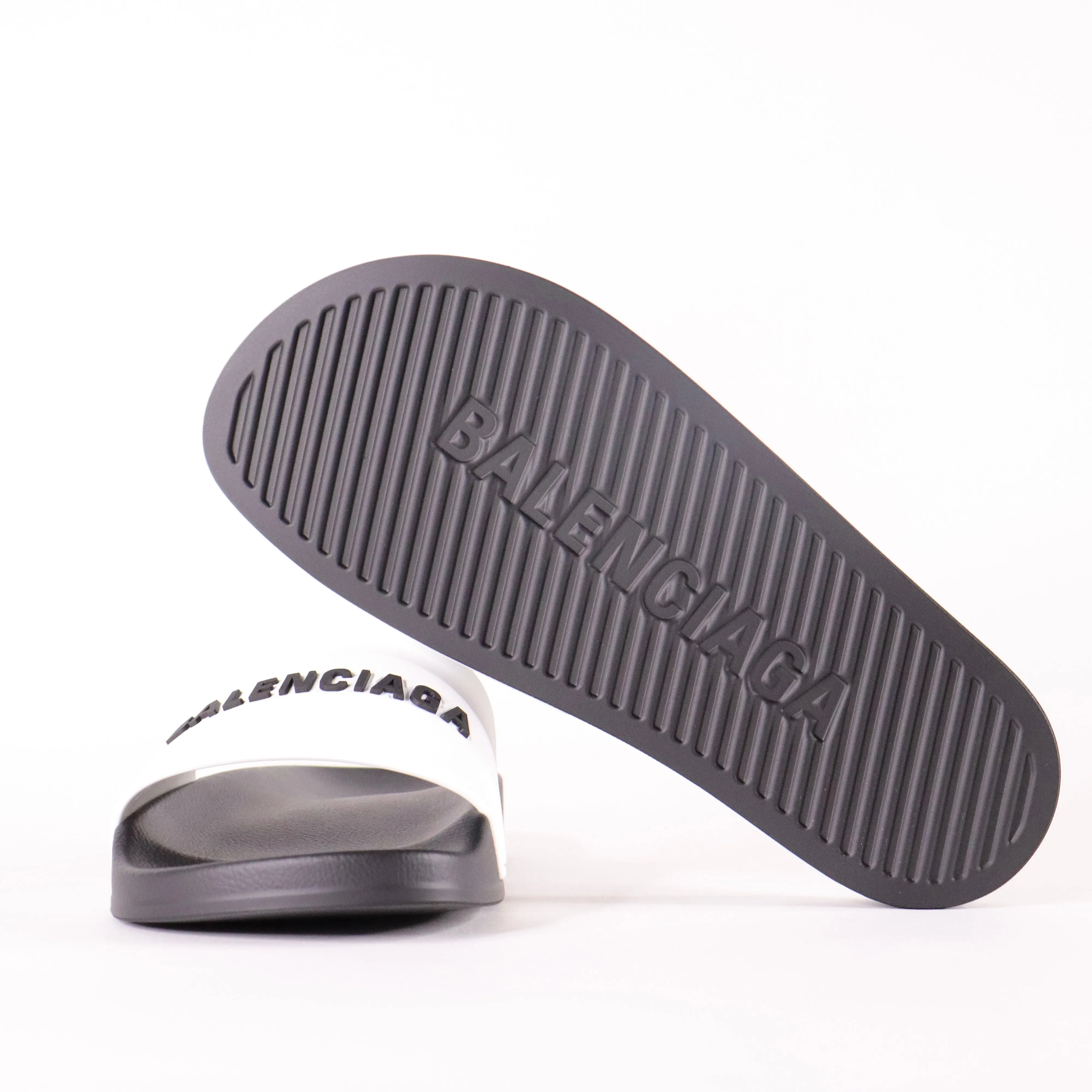 BALENCIAGA Bicolor Rubber Logo Pool Slides
