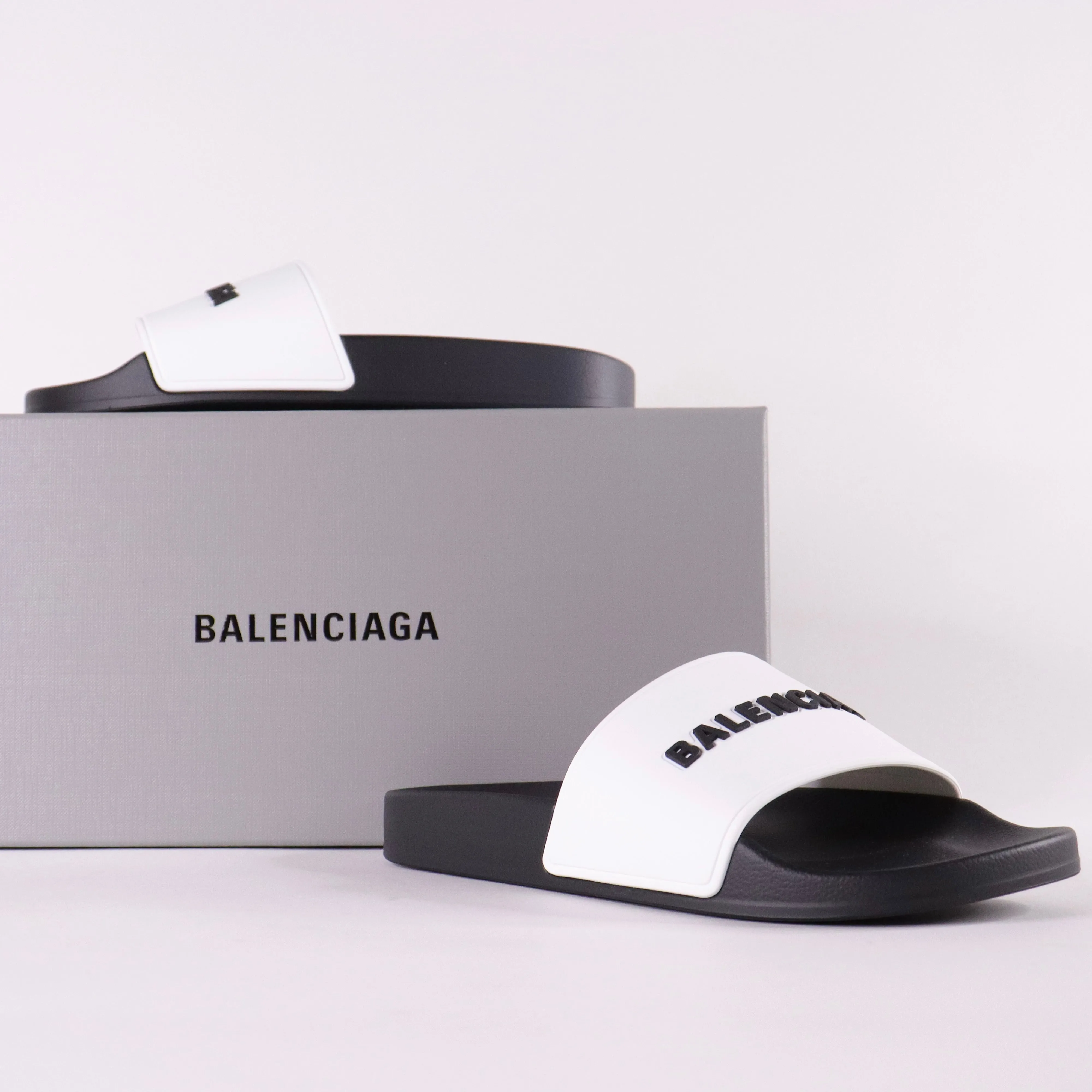 BALENCIAGA Bicolor Rubber Logo Pool Slides