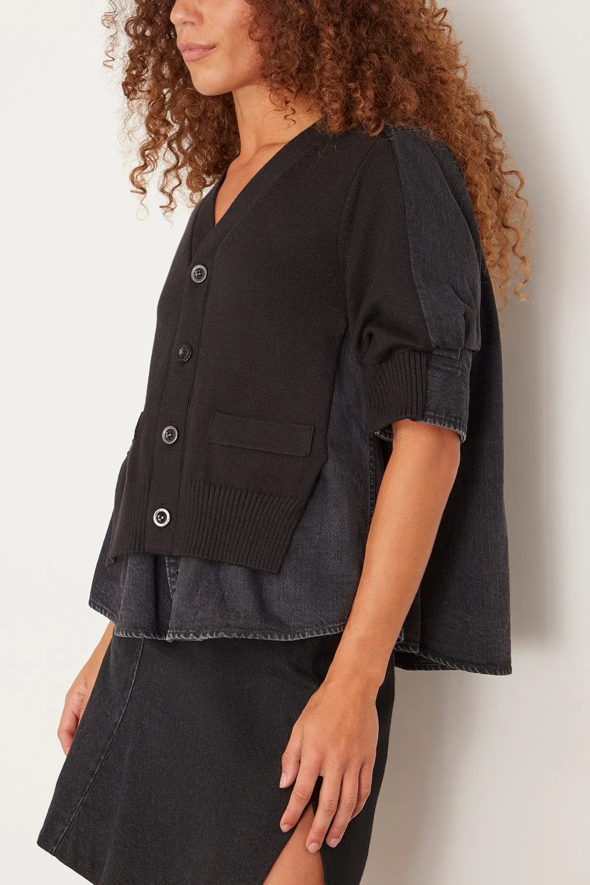 Denim x Knit Cardigan in Black