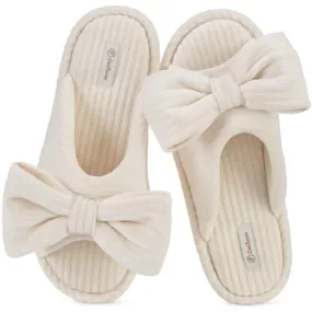 EverFoams Women's Open-Toe Bow Slippers Cozy Soft Fashionable Velvet with Memory Foam and Indoor Bedroom Non-Slip Outsole Cream White,9-10 US