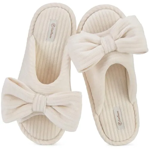 EverFoams Women's Open-Toe Bow Slippers Cozy Soft Fashionable Velvet with Memory Foam and Indoor Bedroom Non-Slip Outsole Cream White,9-10 US