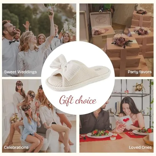 EverFoams Women's Open-Toe Bow Slippers Cozy Soft Fashionable Velvet with Memory Foam and Indoor Bedroom Non-Slip Outsole Cream White,9-10 US