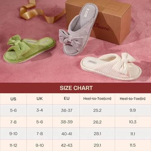 EverFoams Women's Open-Toe Bow Slippers Cozy Soft Fashionable Velvet with Memory Foam and Indoor Bedroom Non-Slip Outsole Cream White,9-10 US