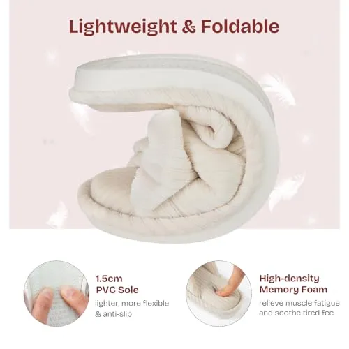 EverFoams Women's Open-Toe Bow Slippers Cozy Soft Fashionable Velvet with Memory Foam and Indoor Bedroom Non-Slip Outsole Cream White,9-10 US