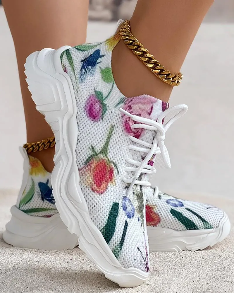 Floral Print Breathable Lace-up Sports Sneakers
