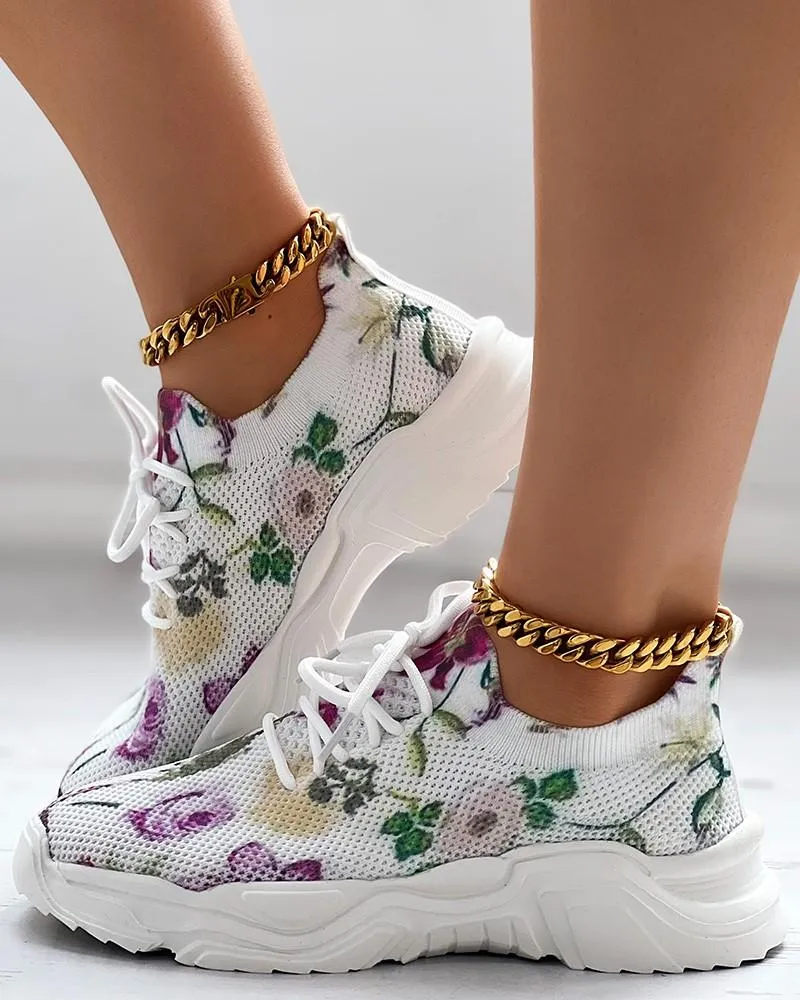 Floral Print Breathable Lace-up Sports Sneakers
