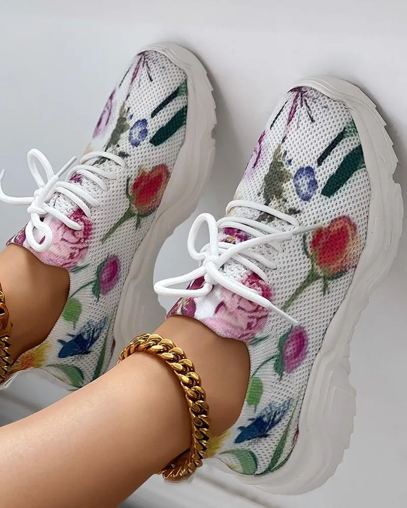 Floral Print Breathable Lace-up Sports Sneakers