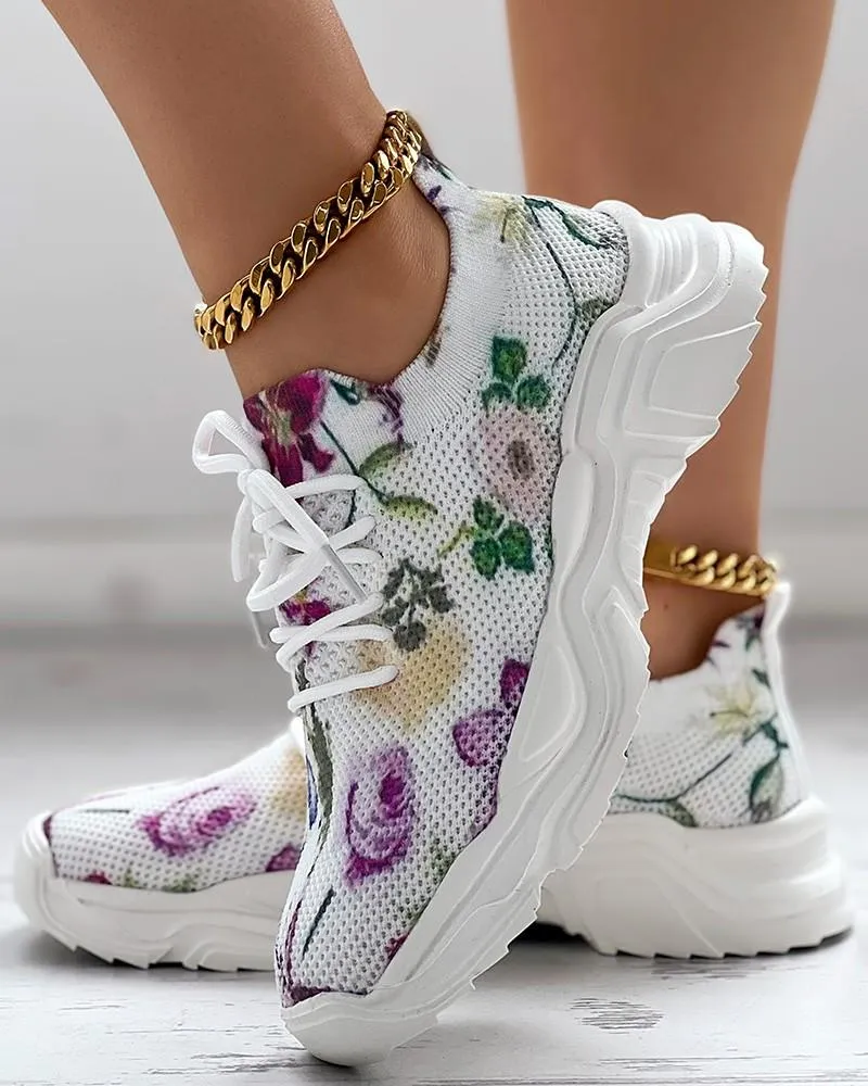 Floral Print Breathable Lace-up Sports Sneakers