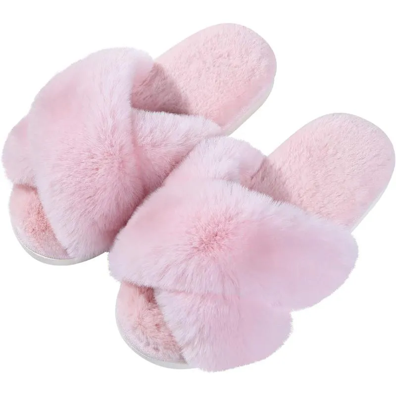 Fuzzy Slippers Cross Band Memory Foam House Slippers For Women
