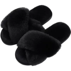 Fuzzy Slippers Cross Band Memory Foam House Slippers For Women