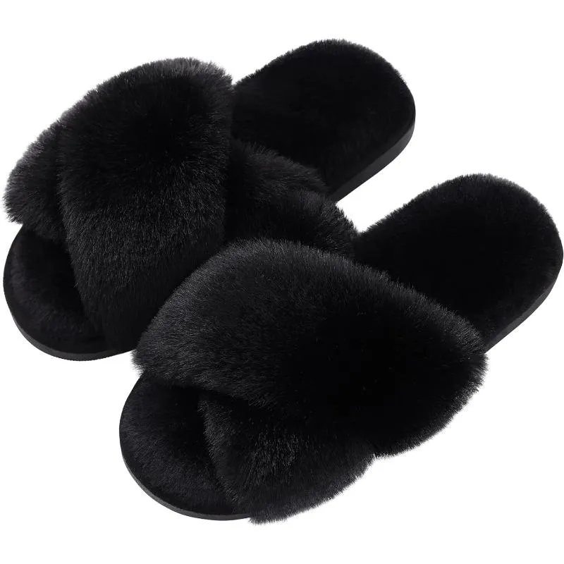 Fuzzy Slippers Cross Band Memory Foam House Slippers For Women