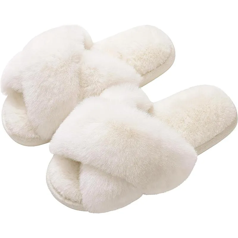 Fuzzy Slippers Cross Band Memory Foam House Slippers For Women