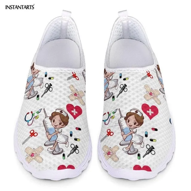 INSTANTARTS New Cartoon Nurse Doctor Print Women Sneakers Slip On Light Mesh Shoes Summer Breathable Flats Shoes Zapatos planos