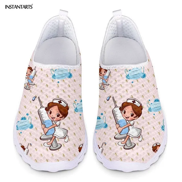 INSTANTARTS New Cartoon Nurse Doctor Print Women Sneakers Slip On Light Mesh Shoes Summer Breathable Flats Shoes Zapatos planos
