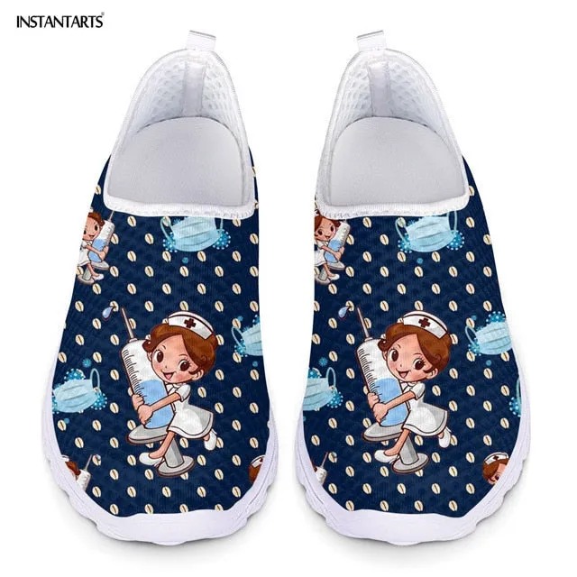 INSTANTARTS New Cartoon Nurse Doctor Print Women Sneakers Slip On Light Mesh Shoes Summer Breathable Flats Shoes Zapatos planos