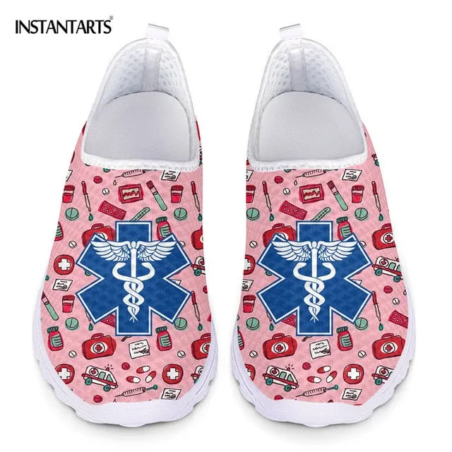 INSTANTARTS New Cartoon Nurse Doctor Print Women Sneakers Slip On Light Mesh Shoes Summer Breathable Flats Shoes Zapatos planos