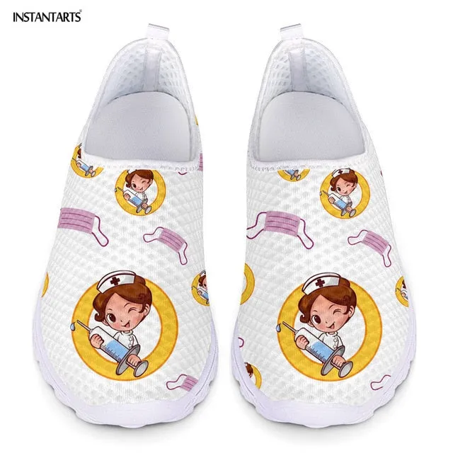 INSTANTARTS New Cartoon Nurse Doctor Print Women Sneakers Slip On Light Mesh Shoes Summer Breathable Flats Shoes Zapatos planos