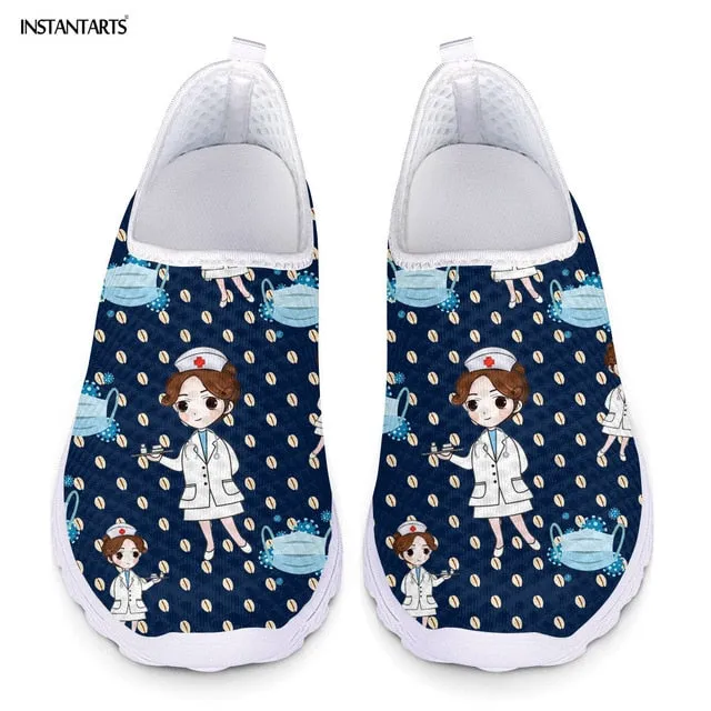 INSTANTARTS New Cartoon Nurse Doctor Print Women Sneakers Slip On Light Mesh Shoes Summer Breathable Flats Shoes Zapatos planos
