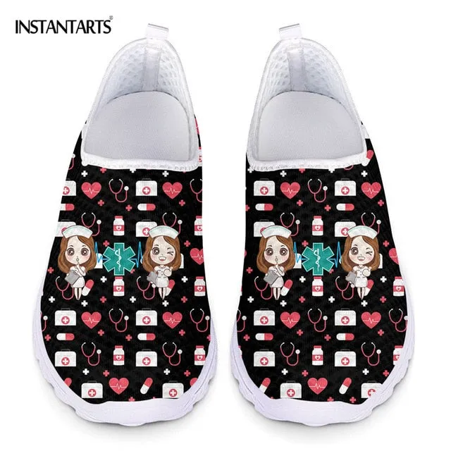 INSTANTARTS New Cartoon Nurse Doctor Print Women Sneakers Slip On Light Mesh Shoes Summer Breathable Flats Shoes Zapatos planos