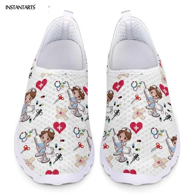 INSTANTARTS New Cartoon Nurse Doctor Print Women Sneakers Slip On Light Mesh Shoes Summer Breathable Flats Shoes Zapatos planos