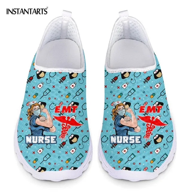 INSTANTARTS New Cartoon Nurse Doctor Print Women Sneakers Slip On Light Mesh Shoes Summer Breathable Flats Shoes Zapatos planos
