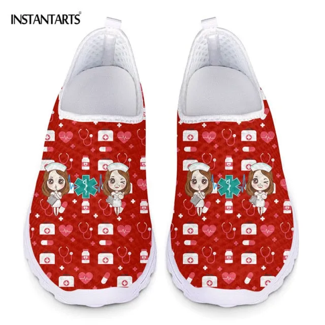 INSTANTARTS New Cartoon Nurse Doctor Print Women Sneakers Slip On Light Mesh Shoes Summer Breathable Flats Shoes Zapatos planos