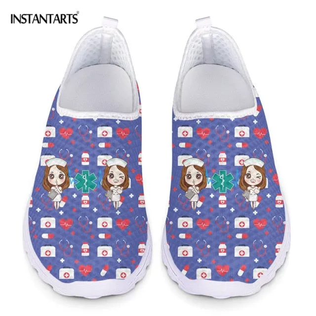 INSTANTARTS New Cartoon Nurse Doctor Print Women Sneakers Slip On Light Mesh Shoes Summer Breathable Flats Shoes Zapatos planos