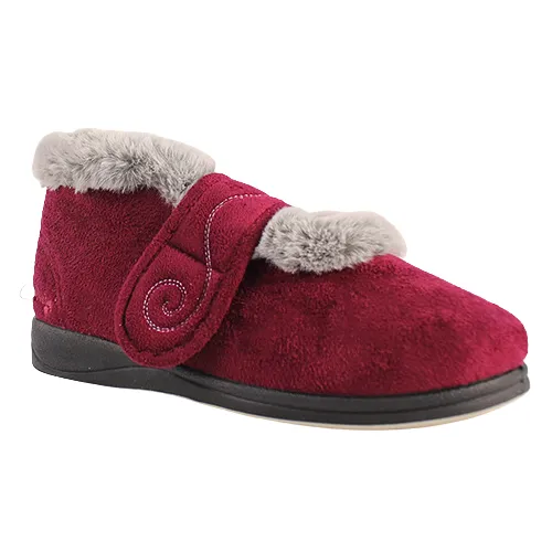 Padders Ladies Velcro Boot Slippers - Hush - Burgundy