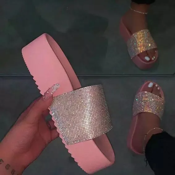 Thick Bottom Rhinestone Slippers for Women